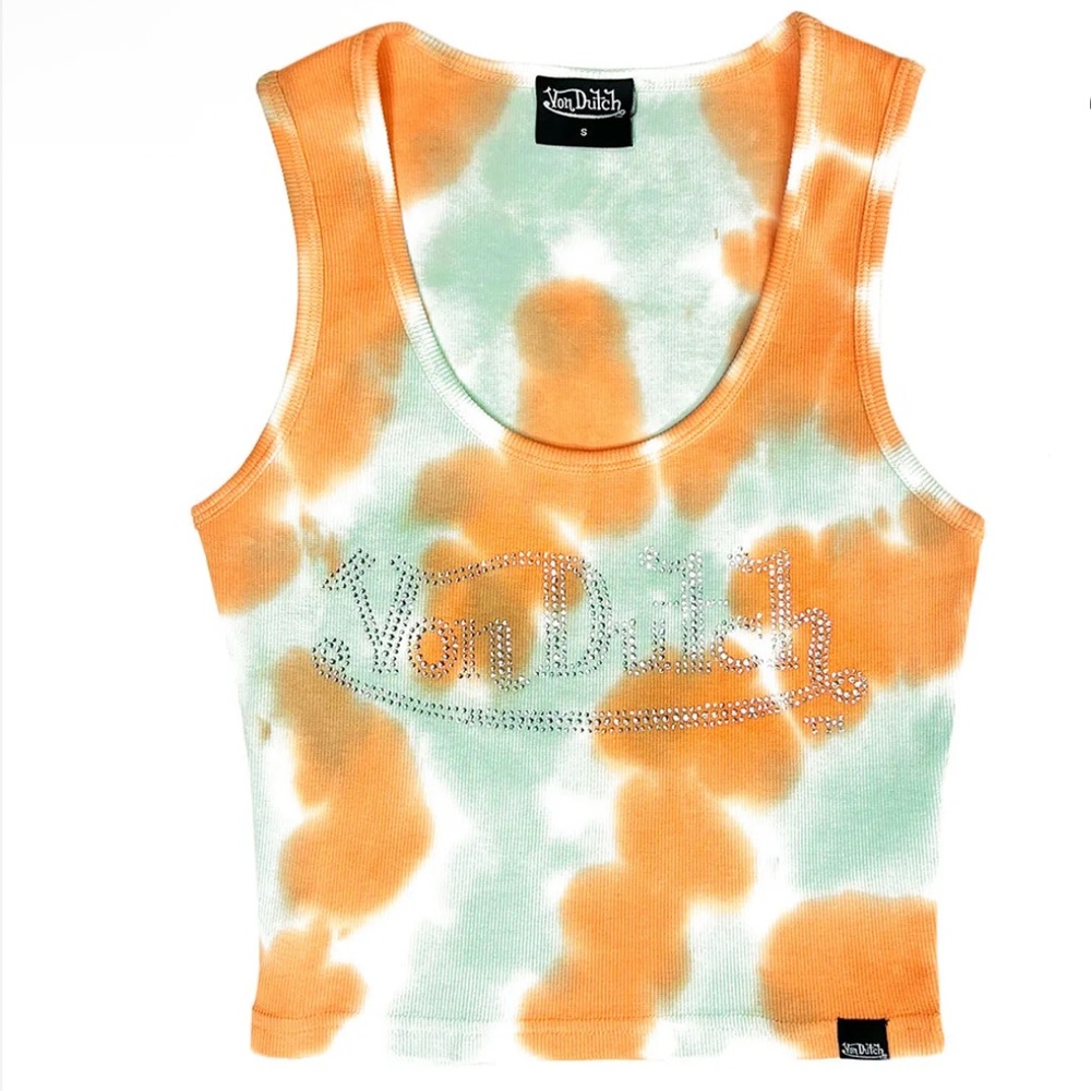 Von Dutch Mint Orange Rhinestone Logo Crop Top New Size Small